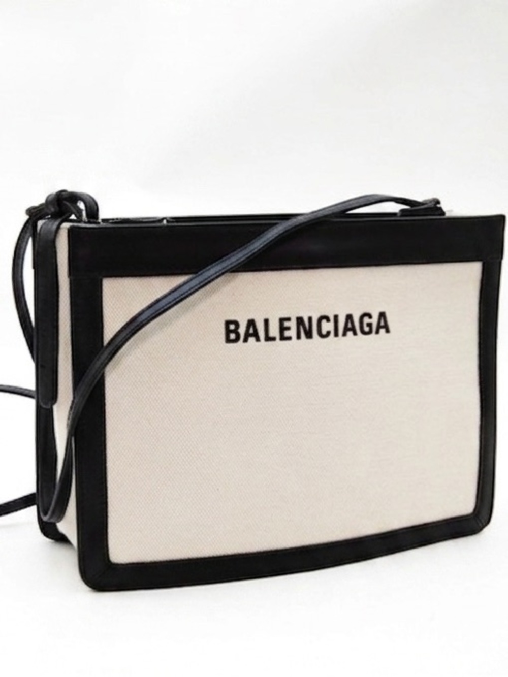 BALENCIAGA  Navy Cabas XS Canvas Leather Crossbody Bag Clutch White Black - Picture 3 of 10